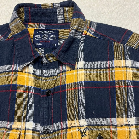American Eagle Outfitters Other - American Eagle Flannel Shirt Mens L Yellow Navy Plaid Athletic Fit Button Down